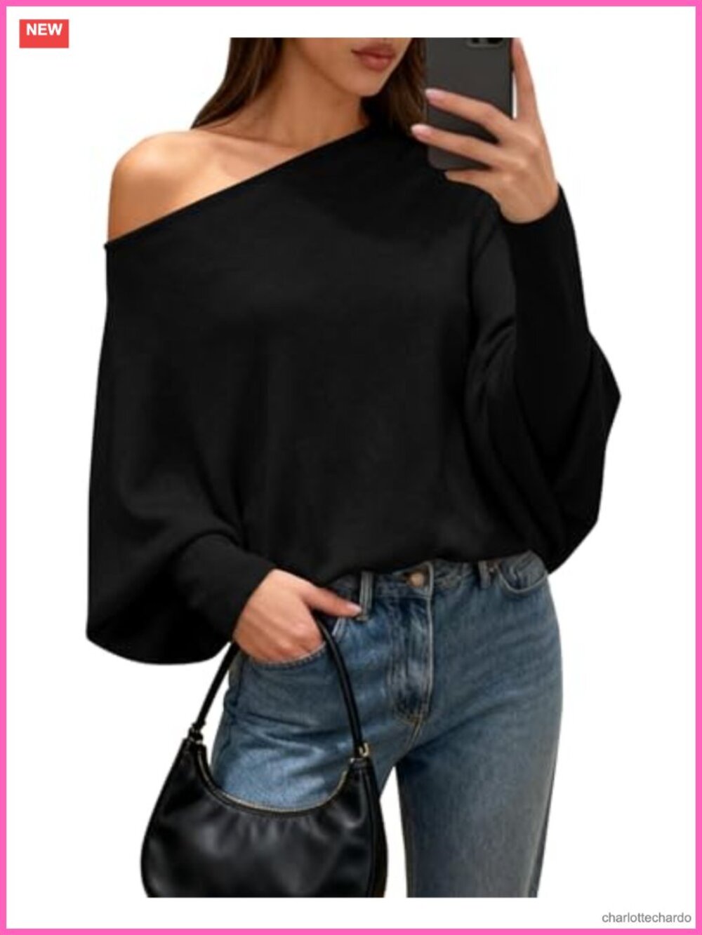 Off The Shoulder Batwing Knit Sweater Loose Fit Pullover